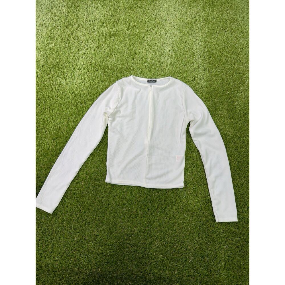boohoo White Ribbed Knit Long Sleeve Crew Neck Stretch T-Shirt S
